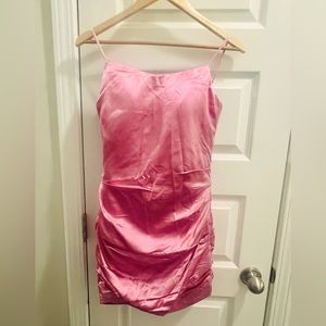 Pink Satin Ruched Mini Dress